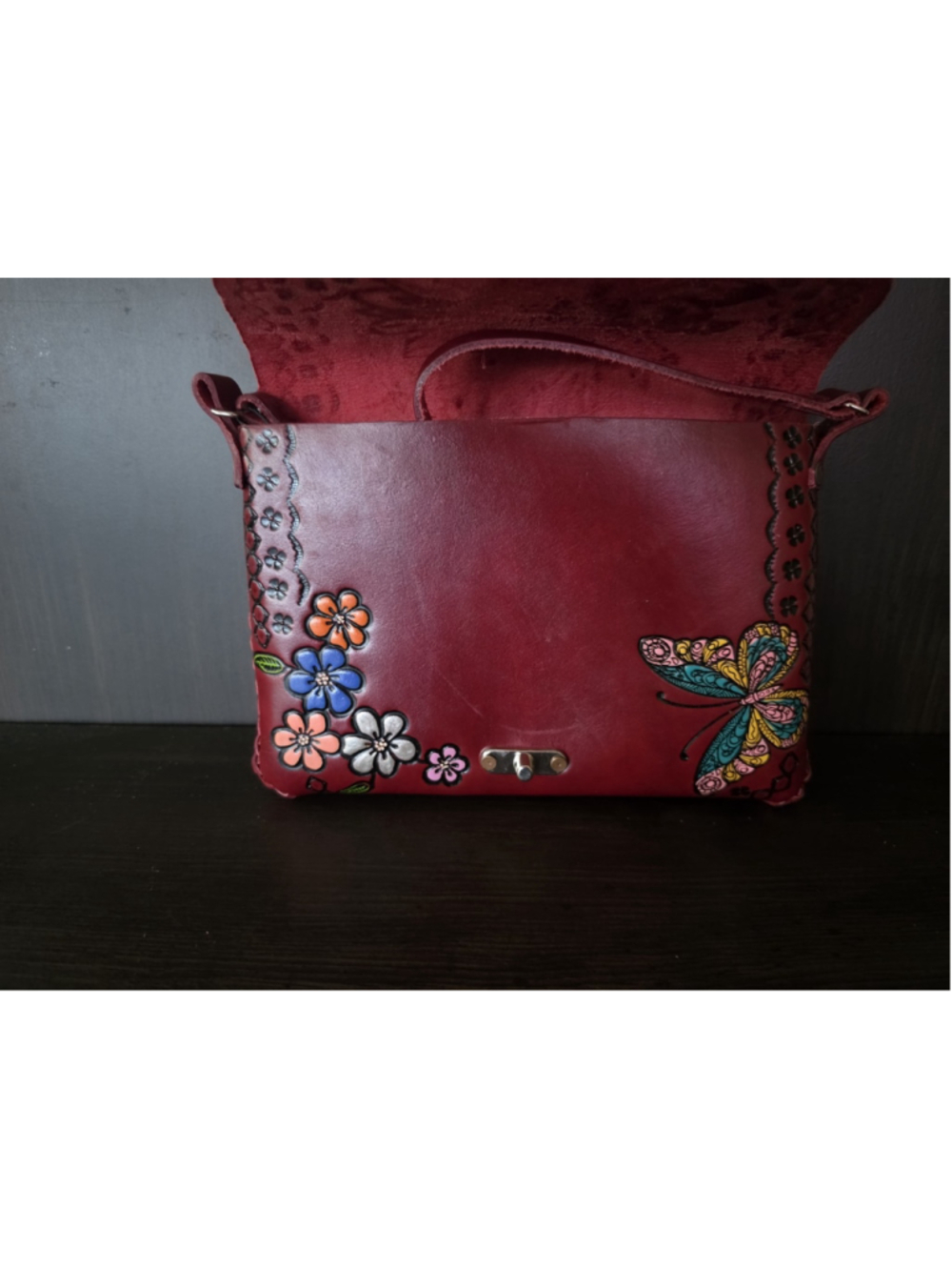 Sunflower Butterfly Red Wine Embossed Tooled Artisan LEATHER Crossbody Purse Bag - Picture 9 of 16